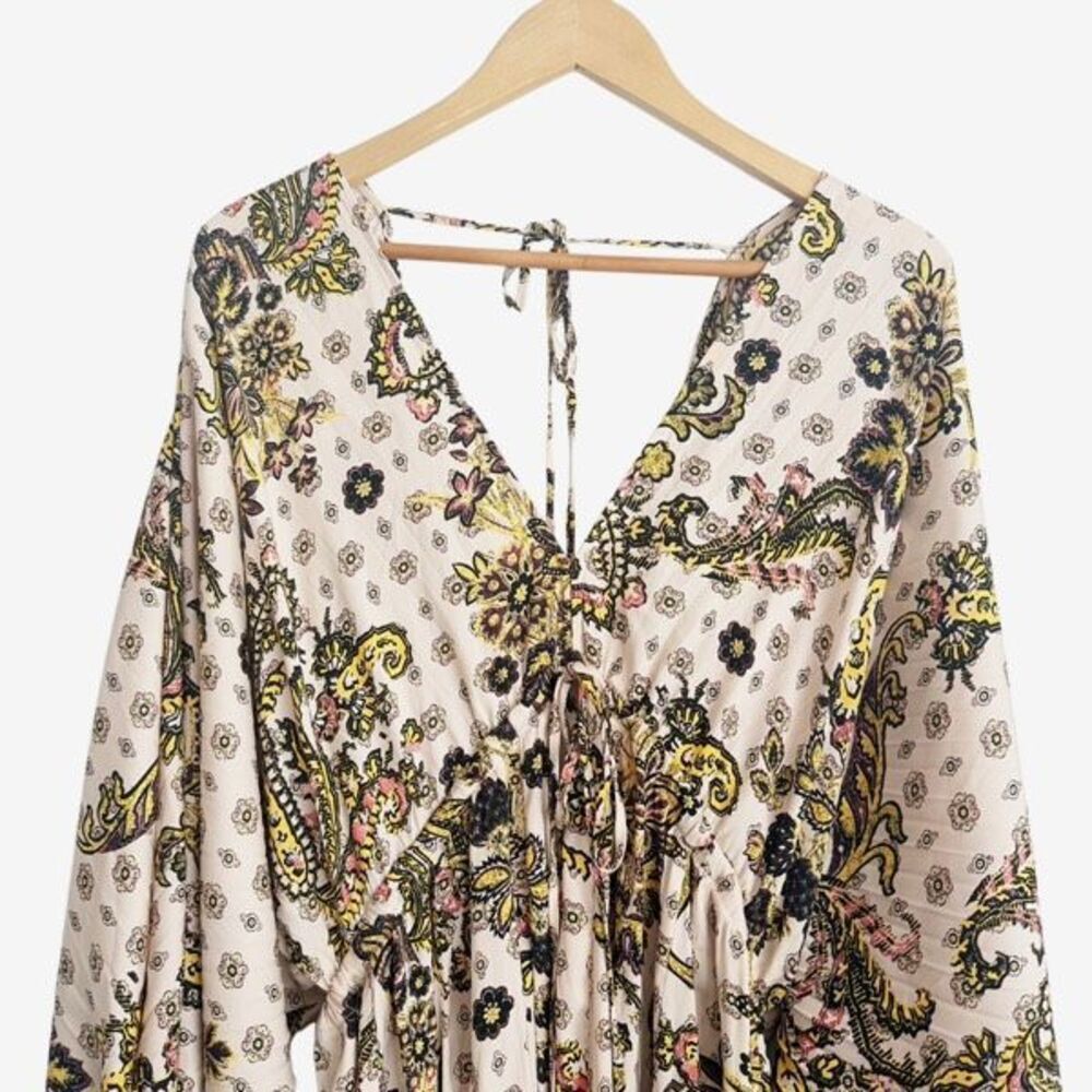 Free People Arzel Boho Peasant Paisley Dress Long Balloon Sleeve V-Neck Tea Sz S - Picture 5 of 14